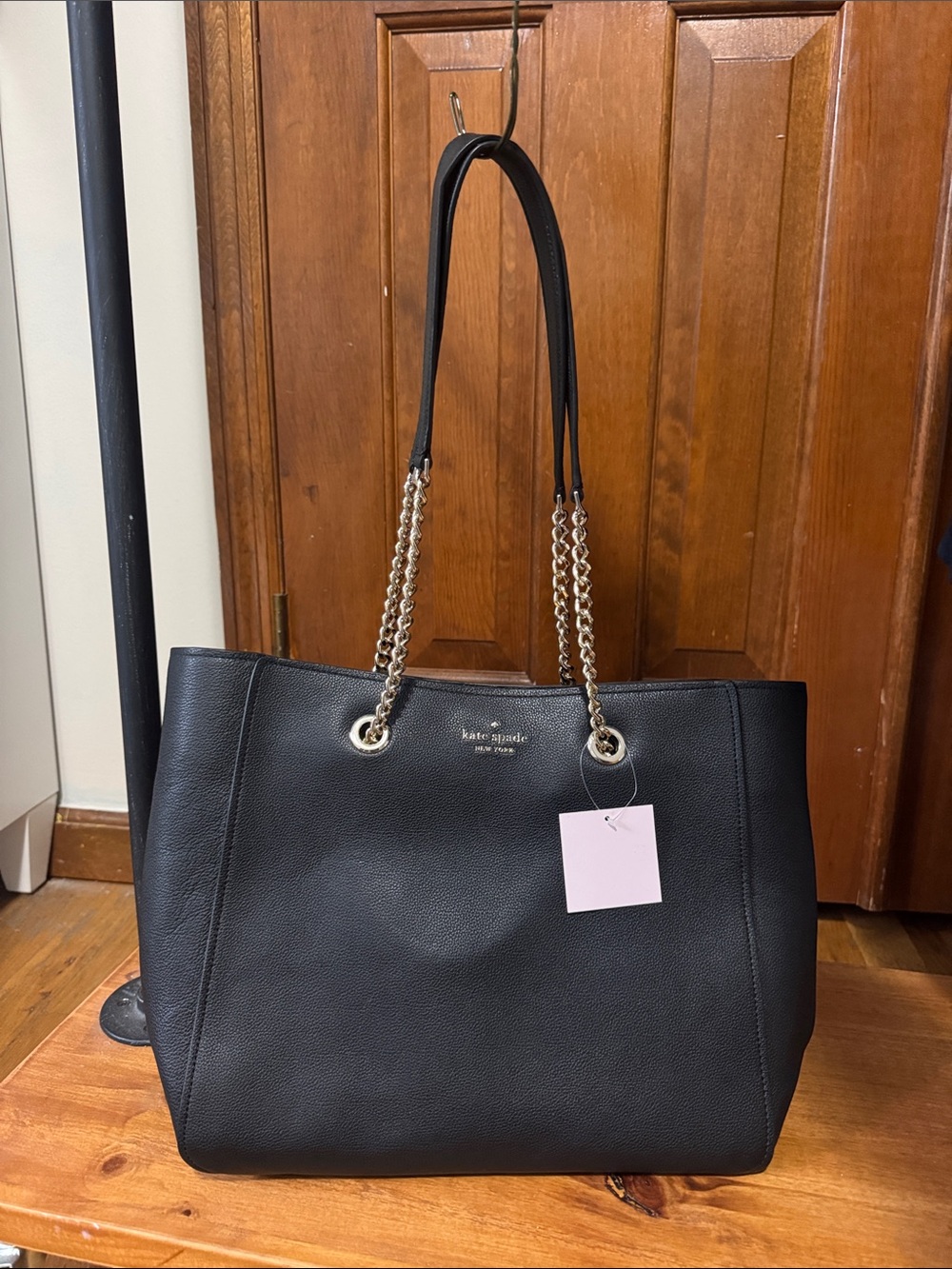 kate spade Black Pebbled Leather Tote with Gold Chain Straps